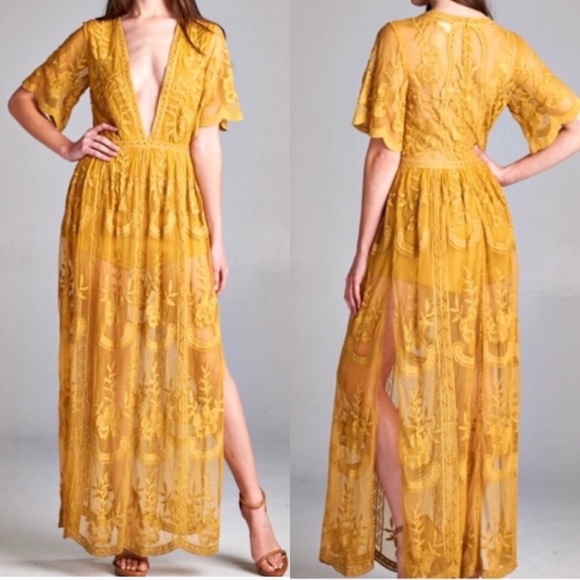 Honey Punch Pants - Honey Punch Lace Romper Maxi Dress Mustard Yellow